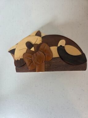 Carver Dan's Handcrafted Solid Wood Sleeping Kitty Puzzle KeepsakeTrinket Box
